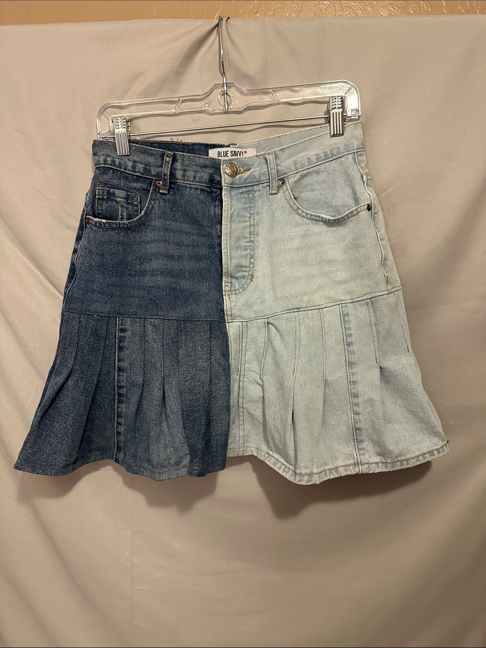 Blue Sawy Two-Tone Blue Denim Pleated Mini Skirt
